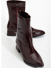 Resim Kadın Kısa Topuklu Bot Bordo Rugan Yüzü Dikişli-4239 Bordo 