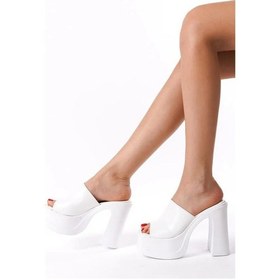 Resim Kadın Marci Beyaz Geniş Bantlı 12 Cm Platform Topuklu Terlik 1001 Beyaz 