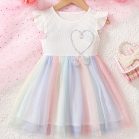 Resim Kızlar Rhinestone Dekor Uçan Kollu Gökkuşağı Tutu Sevimli Prenses Elbisesi Yaz için 