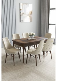 Resim Jusie Barok Desen 80x132 Açılabilir Yemek Odası Takımı 4 Sandalye, 1 Bench Krem 