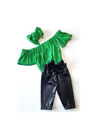 Resim Özge Başaran Kız Çocuk, Likralı Deri Fiyonk Detaylı Pantolon, Yeşil Straplez Crop Bluz Ve Saç Yeşil 