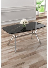 Resim Canisa Asel Serisi 90x160 Lak Panel Siyah Mermer Desen Krom Detay Masa Takımı Ve 6 Krem Sandalye Siyah Mermer Masa Sandalye Krem Krom Detay 
