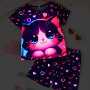 Resim Kızlar için 2 Parça Pijama Takımı, Sevimli Yıldızlı Gökyüzü Kalp Kedi Desenli, Yuvarlak Yaka Kısa Kollu Tişört ve Şort, Rahat Gençler İçin Uyku Giysisi, Yumuşak Örme Kumaş, Yazlık Günlük Kıyafet - Mükemmel Her Gün Hediye, Ateşe Dayanıklı UV Işık Engelleme 