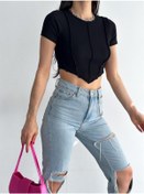 Resim Weppa Kadın Kısa Kollu Ters Dikiş Likralı Örme Crop Bluz Siyah 