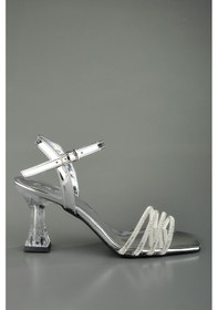 Resim Şeffaf Topuklu Abiye Ayakkabı Çapraz Kesim Gümüş 