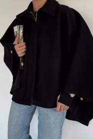 Resim Kadın Ön Fermuarlı Panço (s-m-l-xl Uyumludur) Siyah TZL-P-00020196 