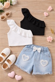 Resim HEREN Kız Çocuk 2'li Fırfırlı Tek Omuz Crop Set- Kız Çocuk Tek Omuz Fırfırlı Ribanalı Crop Top Badi Bluz 