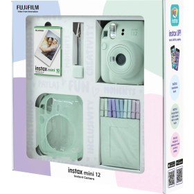 Resim Fujifilm Instax Mini 12 Yeşil Fotoğraf Makinesi 10'lu Film Simli Pleksi Kılıf Mandal ve Kıskaçlı Resim Standı Bundle Box 