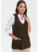 Resim Desen Triko Kadın V Yaka Cep Üstü Nakış İşlemeli Yün Yelek 24001 Açık Yeşil Açık Yeşil 