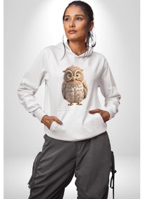 Resim Baykuş Kadın Erkek Beyaz Kapüşonlu Sweatshirt Hoodie Beyaz 