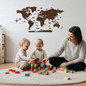 Resim Ahşap Dünya Haritası - Çok Katmanlı 3D Ahşap Duvar Dekoru (Ceviz) - 250x135 cm / İspanyolca 