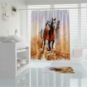 Resim Banyo Paspas Ve Tek Kanat Duş Perdesi 1x180x200 Set Banyo Halısı Horses 