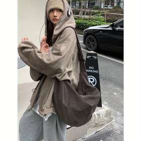 Resim İlkbahar 2025 Retro Mantı Çantası - Unisex Büyük Kapasiteli Crossbody Omuz Çantası, Fermuarlı Kapatma, Sabit Askı & Polyester Astar, Erkekler ve Kadınlar için Siyah Günlük Kullanım Çantası, Uniseks Moda Aksesuar 