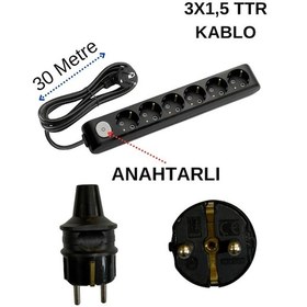 Resim Avarson 6'lı Altılı Priz Topraklı Anahtarlı Kablolu Siyah 3x1,5 Ttr 30 Otuz Metre 