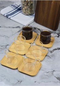 Resim 6lı Kahve Fincan Takımı - Bambu Tabaklı Kahve Fincan Seti - 12 Parça - 100 Ml Şeffaf 