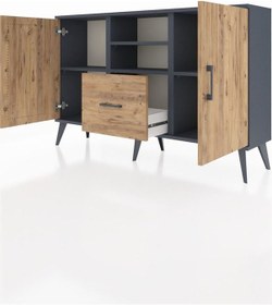 Resim Arges Konsol 4 Raflı Tek Çekmeceli 2 Kapaklı 132x30x83 Antrasit-çam/çam Çam/çam 