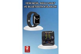 Resim Bluetooth Bağlantılı Kablosuz Kulaklık ve Yeni Nesil Akıllı Saat 5.0 Bluetooth 