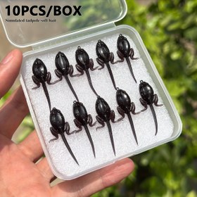 Resim 10 Adet Kurbağa Şeklinde Yumuşak Yemler ile Kancalar - Yapay Balık Yemi, Yüzme Eylemi, Gerçekçi Tadpole Fly Fishing Yemleri, Koyu Renkli TPE Malzeme, Tatlı ve Tuzlu Su Balıkçılığı için Uygun 