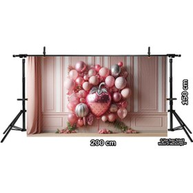Resim Venspor Pembe ve Gümüş Balonlarla Bezenmiş Çilek Temalı Parti Arkaplanı, 200x150cm, Fon, Duvar Örtüsü 