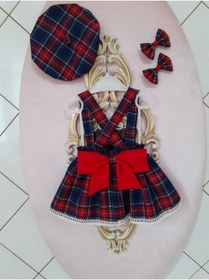 Resim Eylülce Butik Lacivert Kız Çocuk/bebek Ekoseli Salopet Elbise & Şapka & Toka Takım 