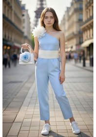 Resim Riccotarz Kız Çocuk Beli Şerit Ve Omuzunda Broş Detaylı Tek Omuz Mavi Tulum Mavi 