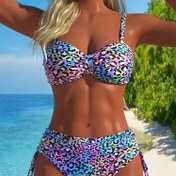 Resim 25SS Yaz Modası Kadınlar için Leopar Baskılı Çizgili İki Parçalı Bikini Takımı Seksi Yüksek Bel Plaj Giysisi Trend Rahat Kalıp 
