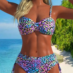 Resim 25SS Yaz Modası Kadınlar için Leopar Baskılı Çizgili İki Parçalı Bikini Takımı Seksi Yüksek Bel Plaj Giysisi Trend Rahat Kalıp 