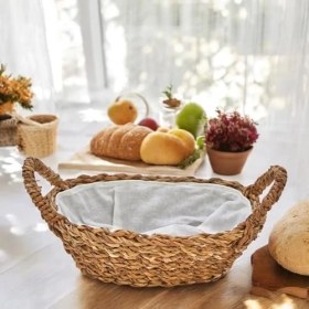 Resim Aesco El Yapımı Doğal Hasır Kulplu Çok Amaçlı Dekoratif Oval Sepet, Hasır Kulplu Ekmek Sepeti (27X18X8 Cm) 