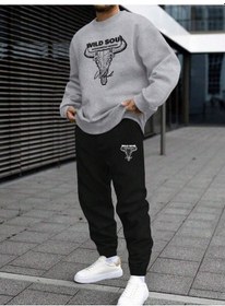Resim Boğa Eşofman Takımı Sweatshirt Jogger - Üst Gri Alt Siyah Oversize Şardonlu Bisiklet Yaka Gri-siyah 