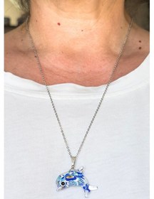 Resim Murano Yunus Nazar Boncuğu Çelik Zincirli Kolye, Hediyelik Yunus Çok Renkli 