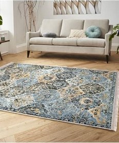 Resim RealHomes Mavi Zeminde Kilim Motifli Uşak Desenli Vintage Avangarde Oturma Odası Kaymaz Taban Saçaklı Halı HaliDik-Deluxe-11309, 150 x 150 