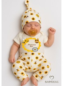 Resim Babyden's Dedesinin Balı Yazılı 3 Lü Bebek Takımı Pamuklu Kısa Kollu Çıtçıtlı Body, Arı Desenli Pantolon,bere Seti Unisex Ekru 