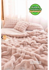 Resim Evlen Home Kürk Yatak Örtüsü Çift Kişilik Dolgulu Peluş Yumuşak Çift Taraflı Yorgan 3 Parça Loria Pudra 