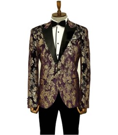 Resim Wessi Dik Yaka Slim Fit Altın Desenli Mor Balo Ceket - Wessi Mor 