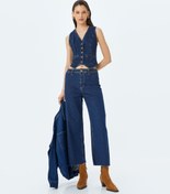 Resim Geniş Kesik Paça Düğmeli Normal Bel Kot Pantolon - Culotte Jean 