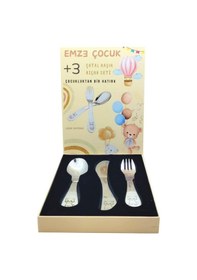 Resim Paslanmaz Çelik Kutulu Çocuk Çatal Kaşık Bıçak Seti Kedicik Desenli GÜmüş 
