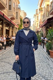 Resim adamila Kadın Lacivert Kuşaklı Tesettür Trençkot Mevsimlik Uzun Kap Ceket Çift Düğmeli Şık Ofis & Günlük 