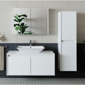 Resim ROOMART Banos Banyo Lavabolu Mat Beyaz Mdf 100cm Banyo Dolabı+aynalı Banyo Üst Dolap+Banyo Boy Dolap 