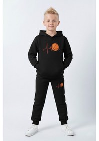 Resim Fyk Kids 3 İplik Şardonlu Kışlık Nabız Basketbol Baskılı Kanguru Cepli Kapüşonlu Erkek Çocuk Eşofman Takımı Siyah 