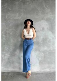 Resim Tane Tasarım Kadın Yazlık Trend Beli Kemerli Keten Pantolon Mavi Mavi 