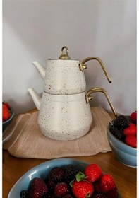 Resim Gökdil Granit Çaydanlık Takımı Gold Kulplu Krem Beyaz 