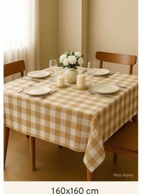 Resim Fiber Kareli Masa Örtüsü Sofra Bezi Ekose Desen 160x160 Cm Bej Çok Renkli 