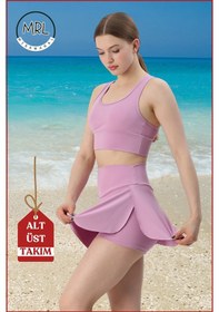 Resim Missmaral Kadın Alt-üst Takım Şort & Sabit Pedli Üst Crop Denizde Havuzda Sporda Swimsuit Lila Rengi Takım3107 Lila 