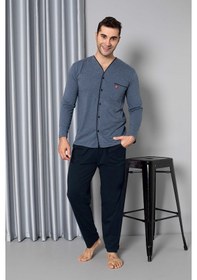 Resim Erkek Siyah V Yaka Önden Düğmeli Gömlek Yaka Göğüs Cepli Pijama 001 