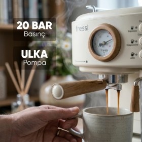 Resim Fressi EM-411 Mavera Ahşap Detaylı 20 Bar Güçlü Espresso Makinesi - Krem 
