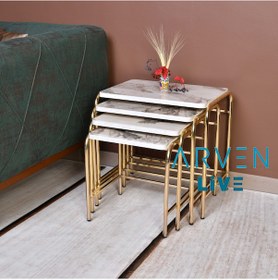 Resim Renk Renk Mermer Desenli Gold Mikelaj Ayaklı 4'Lü Zigon Sehpa 