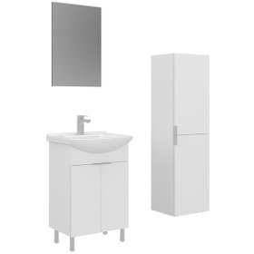 Resim Orka Purus 55 Cm Parlak Beyaz Düz Aynalı Banyo Dolabı Takım Ve Boy Dolabı Ayaklı Beyaz 