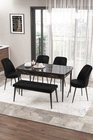 Resim Canisa Zen Serisi 80x132 Mdf Açılabilir Siyah Mermer Desen Masa Takımı 4 Siyah Sandalye Ve 1 Bench 