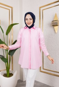 Resim Eliva Kadın Pembe Pudra Terikoton Gizli Düğmeli Boyfriend Tesettür Gömlek 