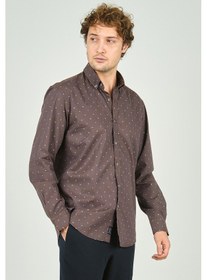 Resim De Leone Erkek Slim Fit Desenli Uzun Kollu %100 Pamuk Gömlek 2045 Kahverengi Kahverengi 